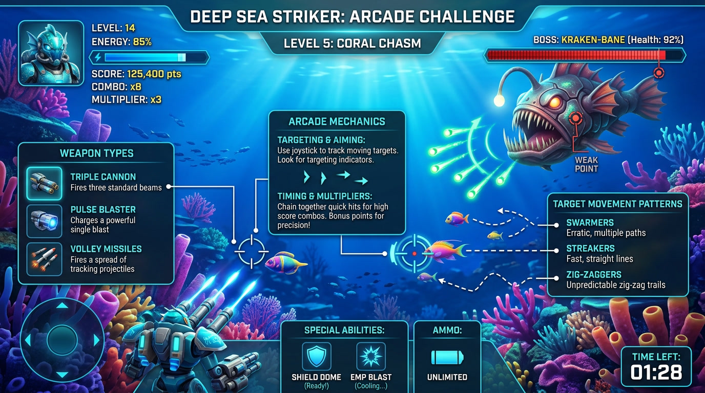 jenis senjata tembak ikan, pola target tembak ikan, mekanisme permainan tembak ikan, panduan tembak ikan digital, fitur game arcade