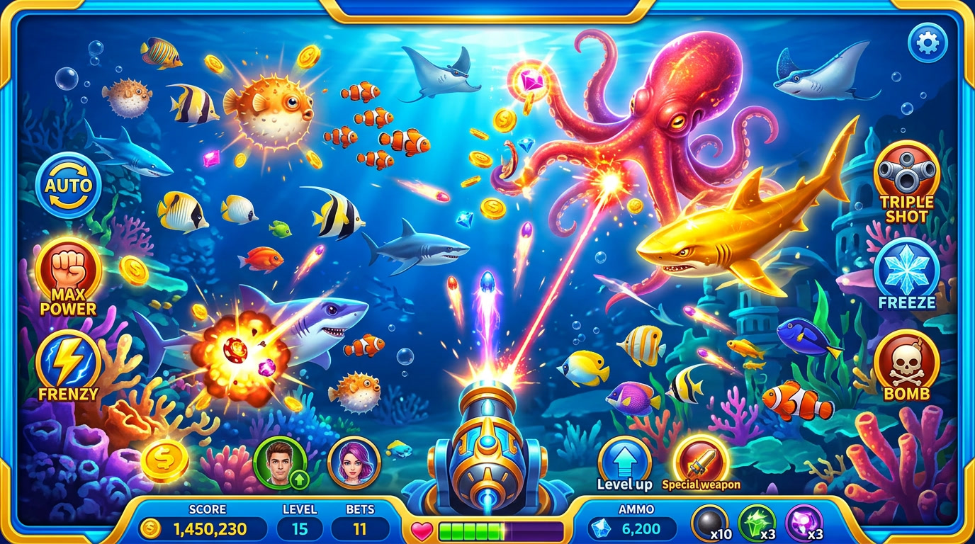 mekanisme tembak ikan, fitur game tembak ikan, jenis senjata arcade, target permainan ikan, panduan pemain pemula