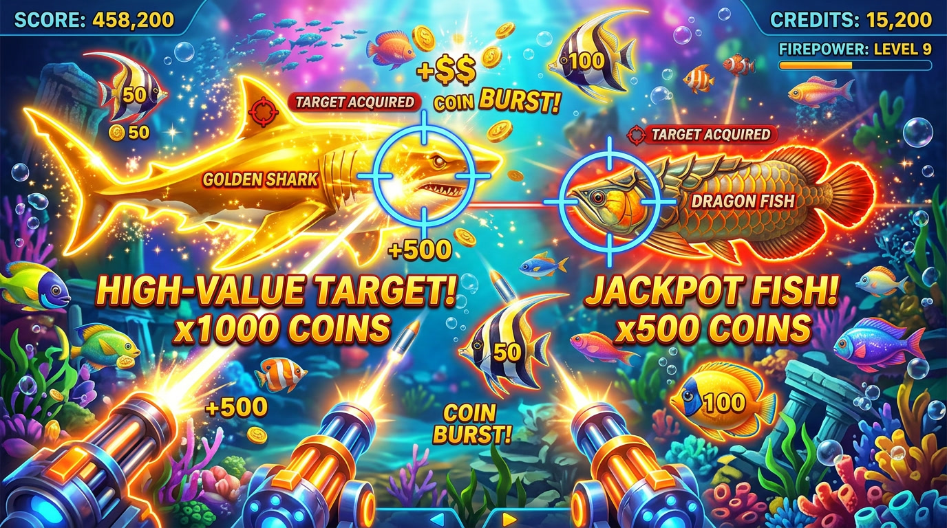 target tembak ikan, cara bermain tembak ikan, jenis ikan dalam game, strategi permainan arcade