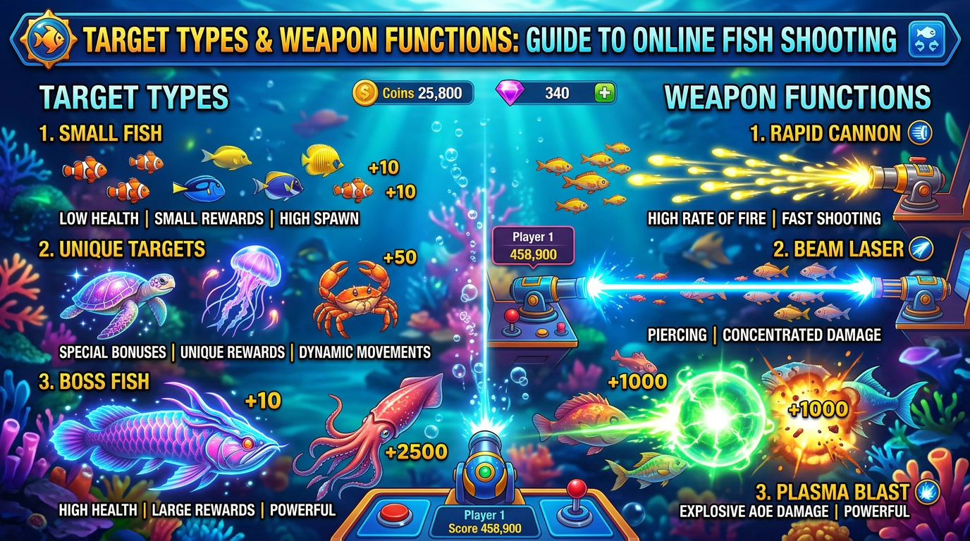 game tembak ikan online, jenis target tembak ikan, senjata tembak ikan, fitur permainan arcade