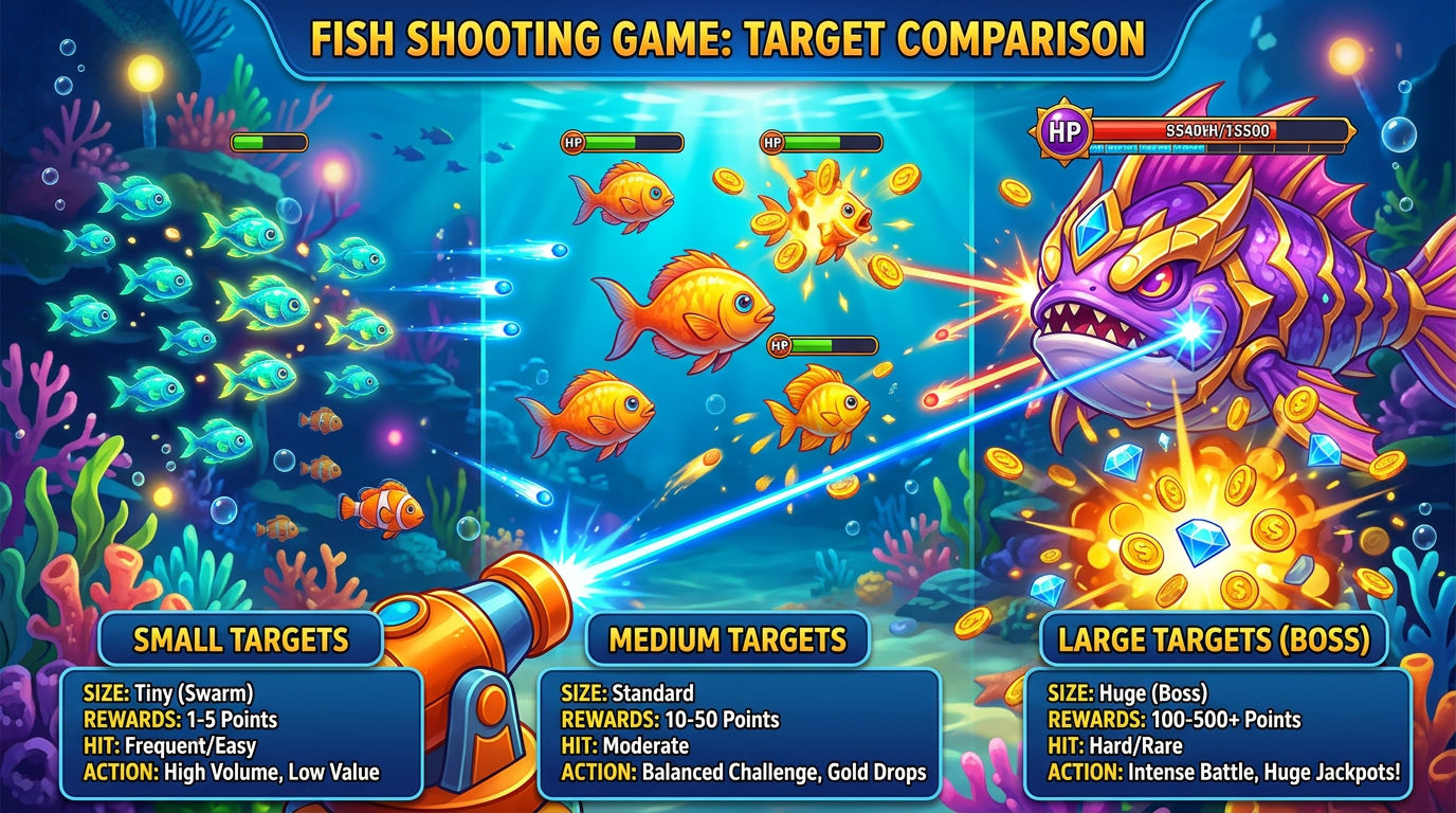 jenis target tembak ikan, ikan kecil dan besar, karakter target game, panduan tembak ikan